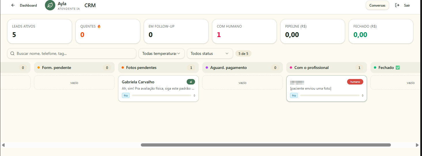 CRM da plataforma Ayla com indicadores e funil Kanban de pacientes