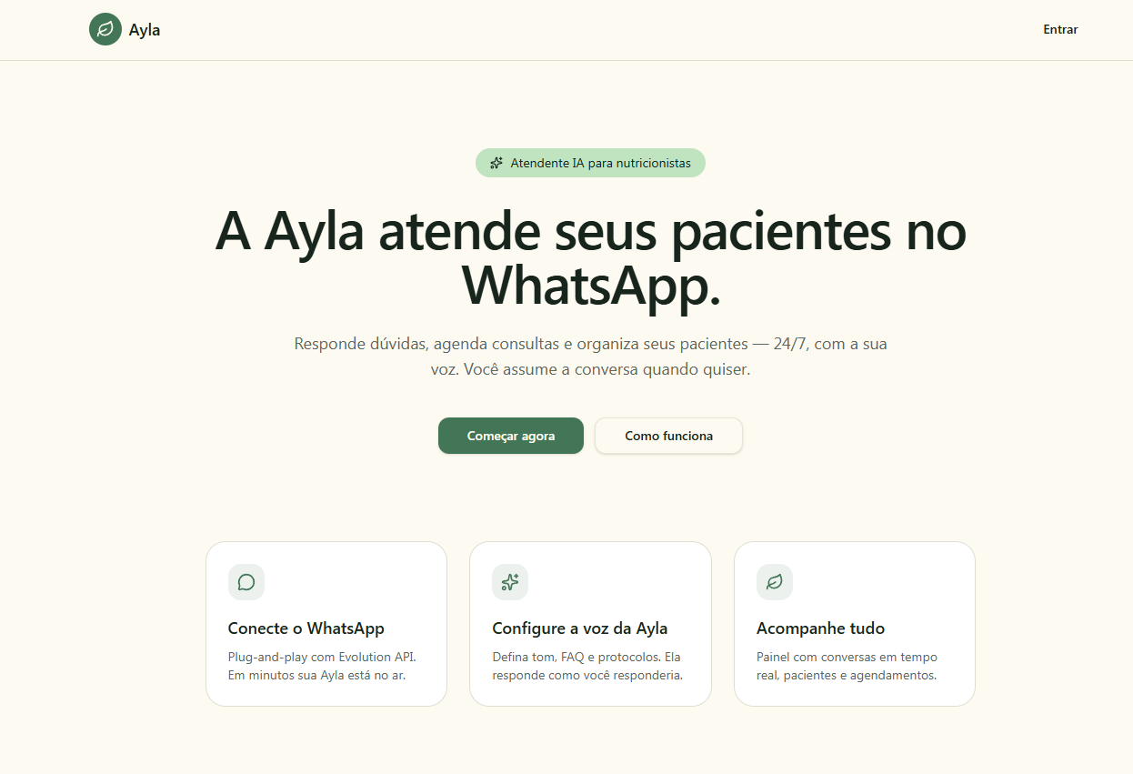 Página principal da plataforma Ayla com chamada e cards de funcionalidades